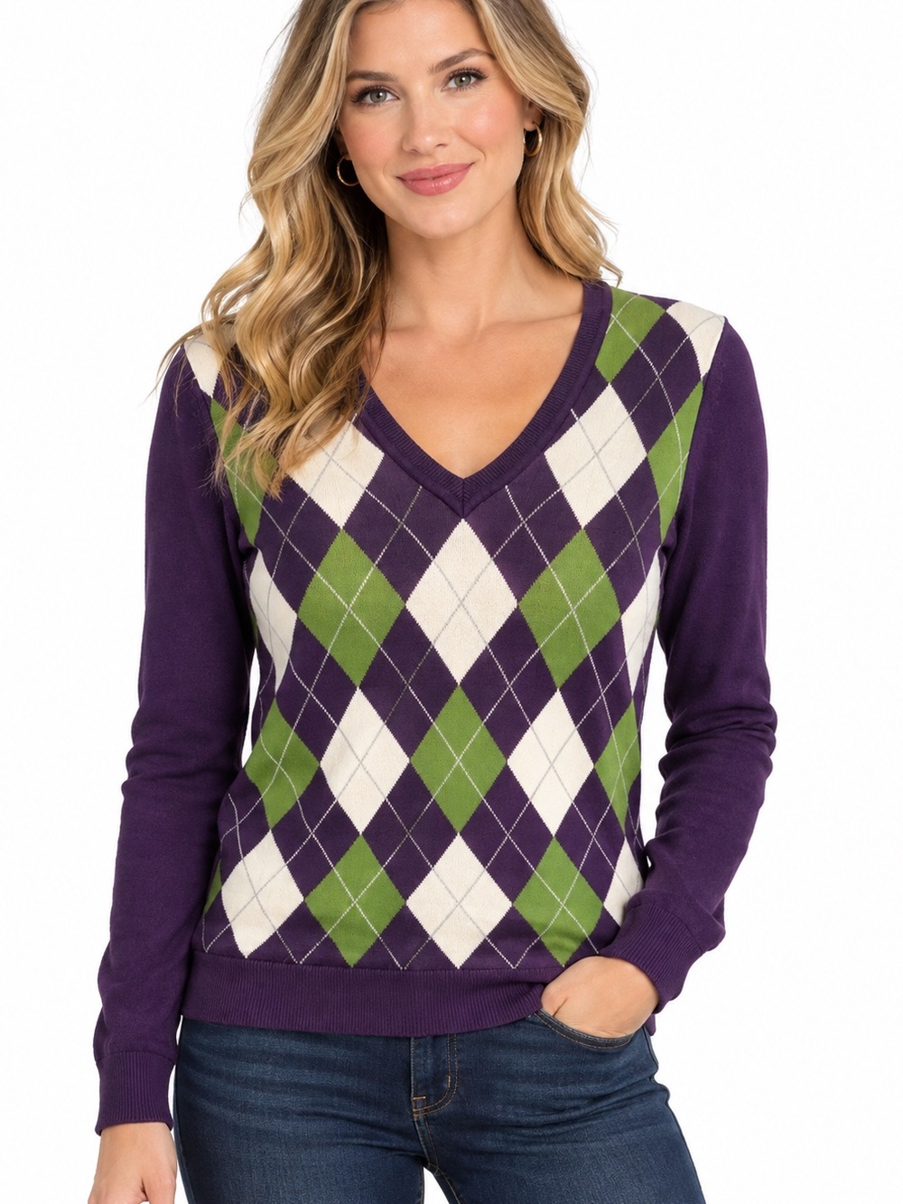 Tommy Hilfiger Purple, Green & Cream Argyle V-Neck Sweater